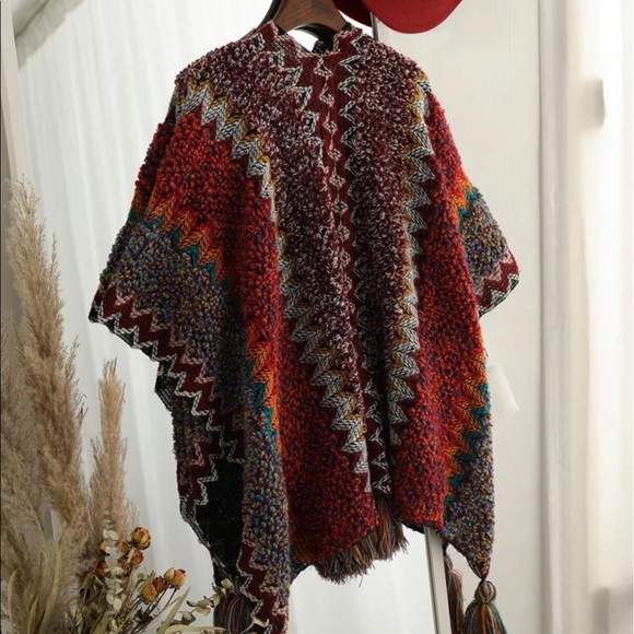 MULTICOLOR GRAPHIC PATTERN FRINGE CHUNKY KNIT CARDIGAN - Picture 2 of 8